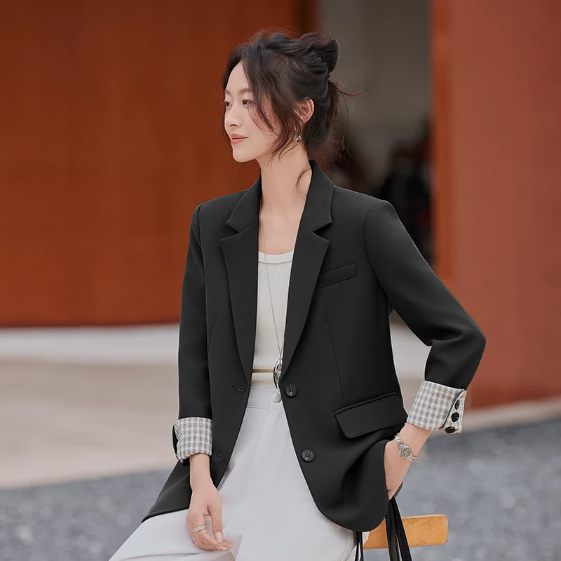 西装外套女春秋新款宽松显瘦遮肉休闲百搭简约纯色两粒扣西服上衣