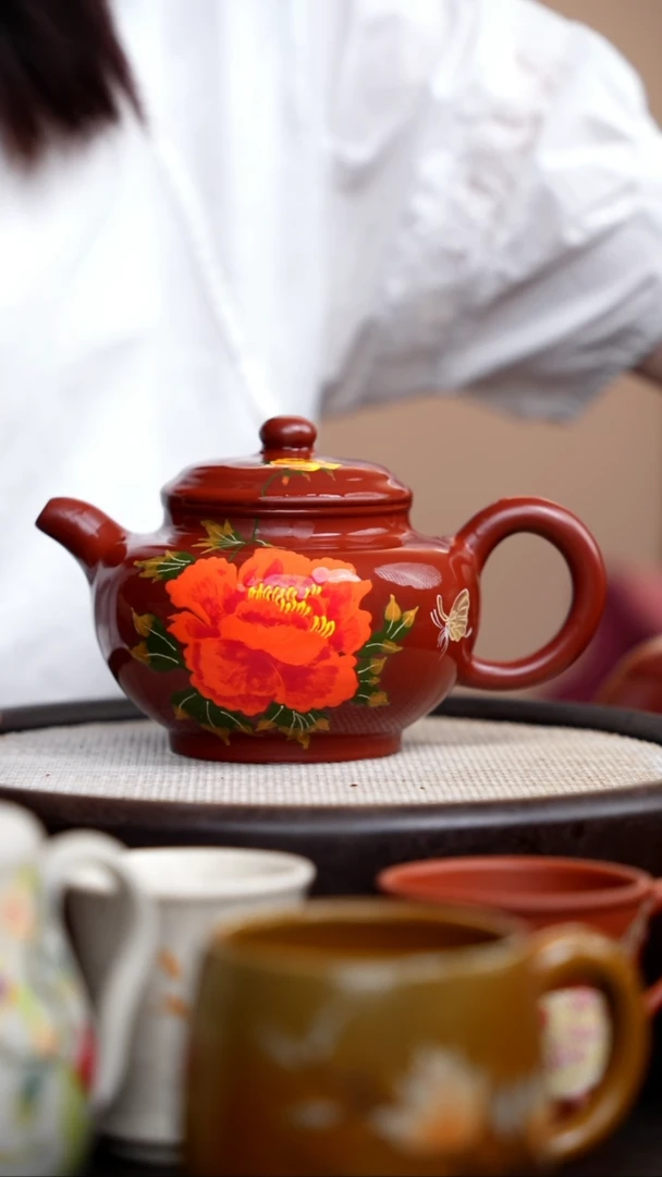 茶壶紫砂朱泥掇只泥绘牡丹005