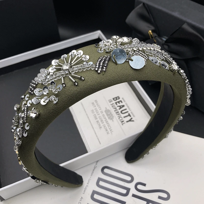 【林间精灵】高端重工钉珠暗苔绿高颅顶时尚百搭发箍新款压发头箍女