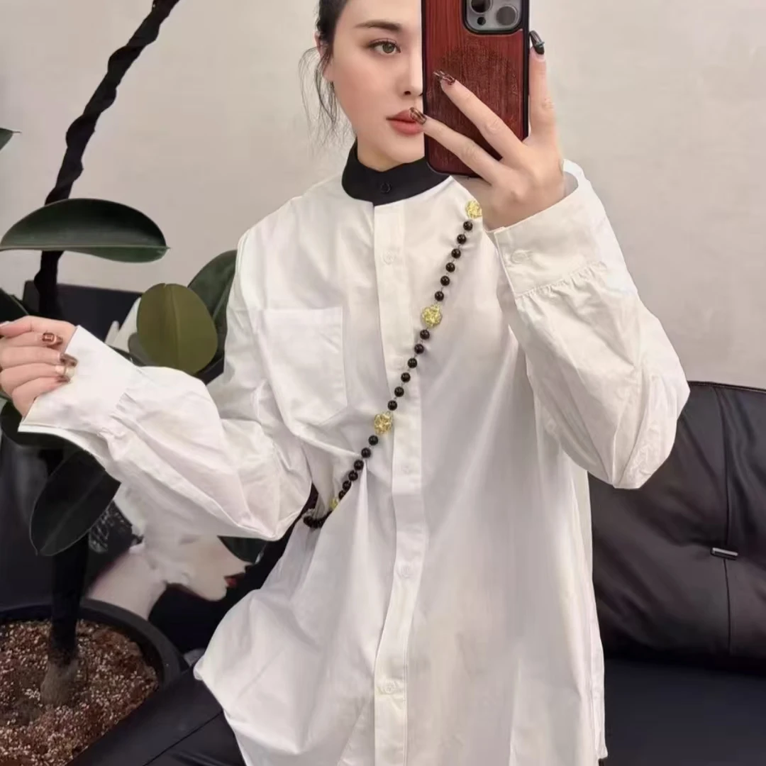 8066/120 欧洲站欧货韩版女人味轻奢撞色立领衬衫衣女潮