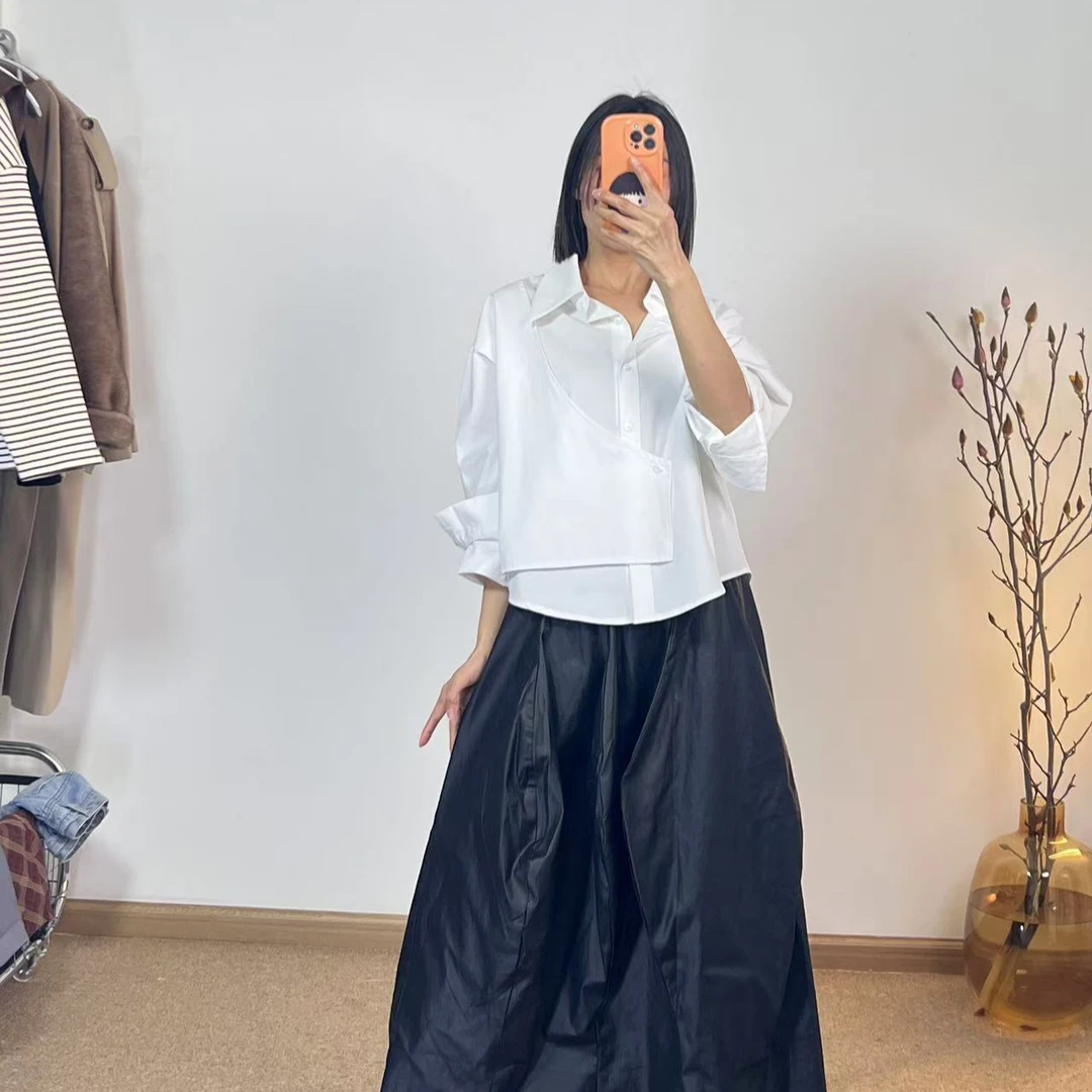 短款百搭春夏衬衣不规则宽松设计感衬衫小众纯色直筒型长袖