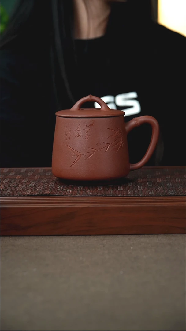 茶杯紫砂原矿清水泥刻竹石瓢杯 400cc
