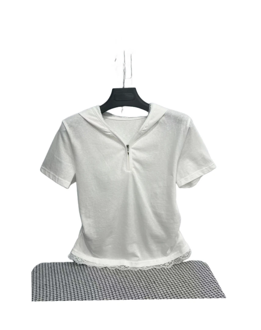 2633  连帽 半拉链 纯色 下摆蕾丝装饰  时尚百搭 T恤