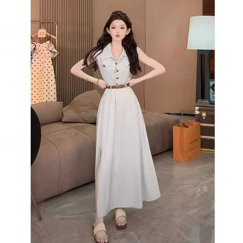 盐系轻熟风御姐高级感工装衬衫裙女装夏季无袖背心开叉修身连衣裙