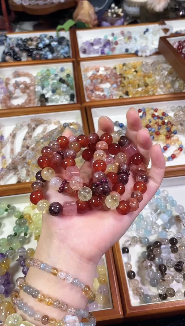 未镶嵌手串水晶鸿运】卡12+天然红胶花草莓晶黄阿赛红玛瑙手串