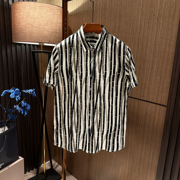 【竹节高 国风真丝单品】2025夏季新款舒适凉爽条纹桑蚕丝短袖衬衫