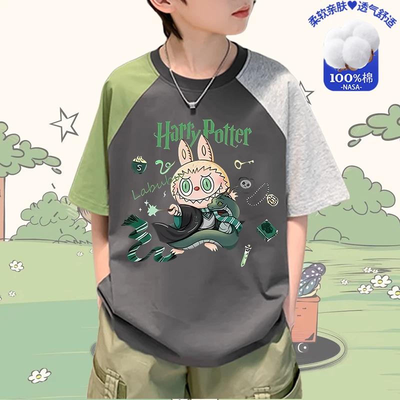 潮牌卡通拉布布儿童短袖男女童夏季新款纯棉T恤labubu中大童上衣