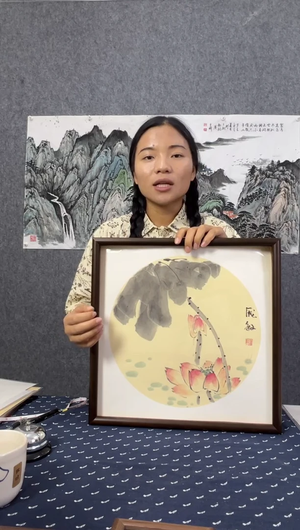 国画纯手绘小荷图41×41cm带框