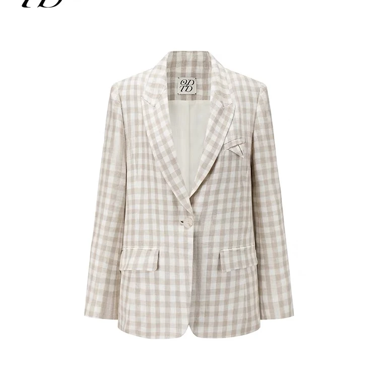 【设计师款】ODTD 25春夏新品麻感格子翻领休闲西装外套法式复古女