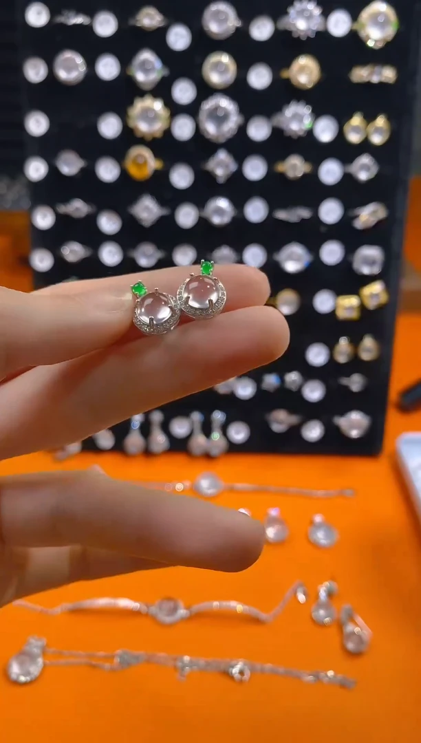 石英质玉银S925镶嵌耳钉耳钉