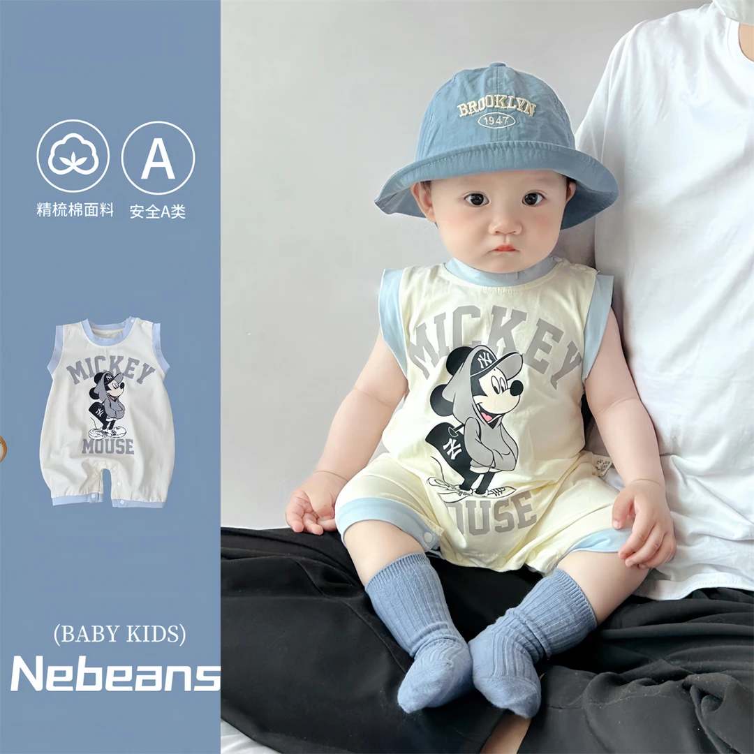 正版婴幼儿无袖连身衣 夏天A棉男女宝宝卡通米奇哈衣爬服