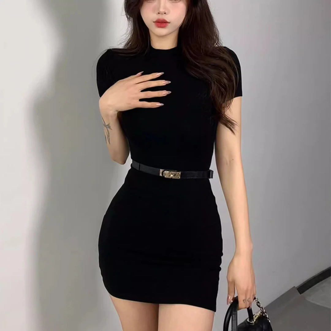送腰带半高领针织连衣裙春秋纯欲风气质短袖裙子紧身显瘦包臀短裙