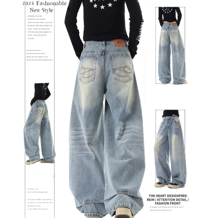 美式复古口袋刺绣牛仔裤女2025冬季加绒高腰宽松百搭直筒阔腿裤