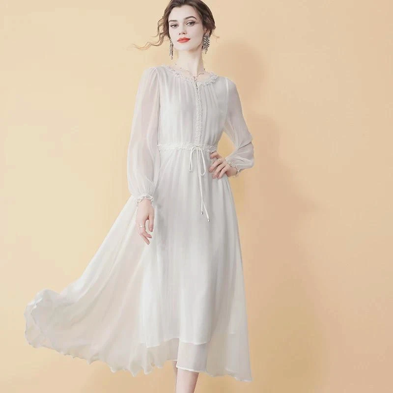 真丝连衣裙早秋2025新款高端精致超仙法式裙轻奢名媛桑蚕丝度假裙