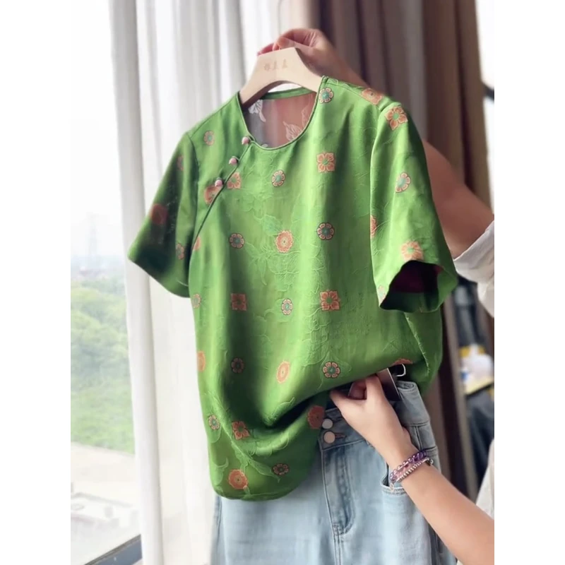 新中式复古花朵设计感印花国风时尚盘扣绿色小众T恤2025休闲上衣