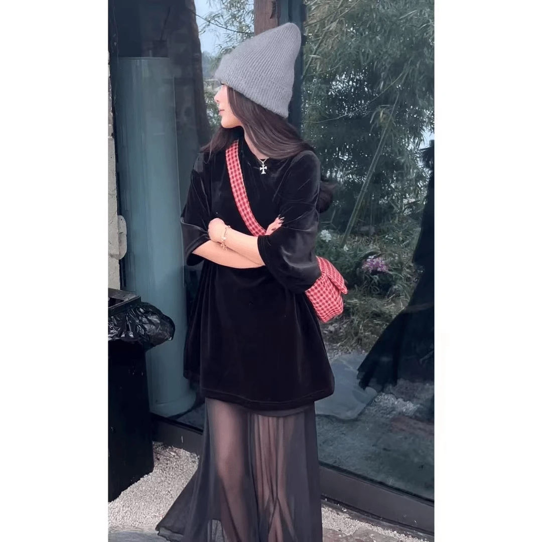 韩版复古软糯慵懒风圆领短袖T恤女高腰显瘦气质鱼尾半身裙两件套