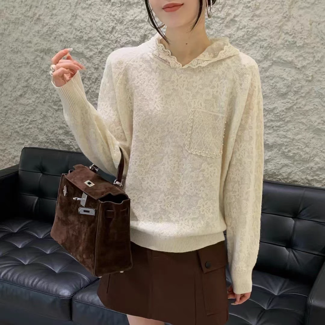 【蕾丝钩花】开春蕾丝钩花连帽针织女欧洲站水溶细羊欧货打底内搭