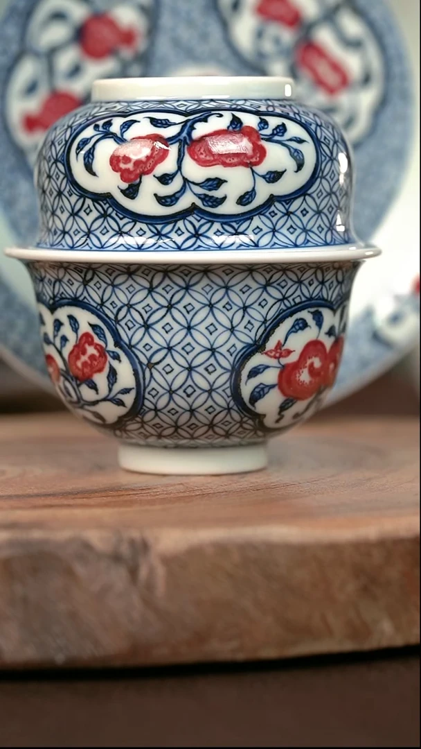 手绘高温现代瓷  气窑  三多套组 壶承17.5+大布袋150+矮炉杯100c