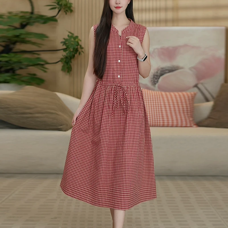 2025夏季新款时尚简约格子纯棉无袖连衣裙中长款收腰显瘦裙子2726