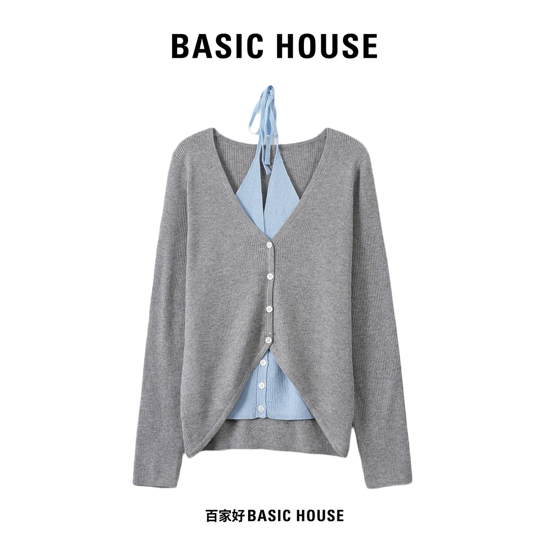 Basic House/百家好2025秋季假两件设计感绑带时尚针织衫L462 MM