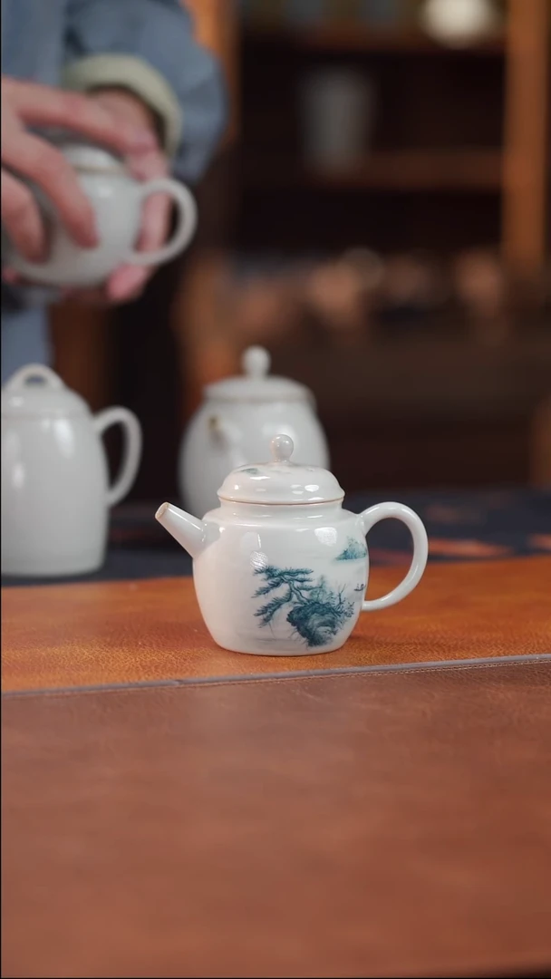 瓷片柴烧小文壶-釉下山水