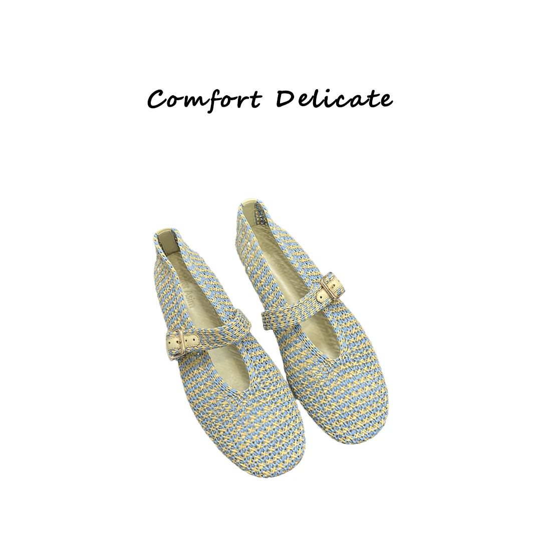 【C&D】拉菲草一字扣玛丽珍鞋镂空透气编织单鞋