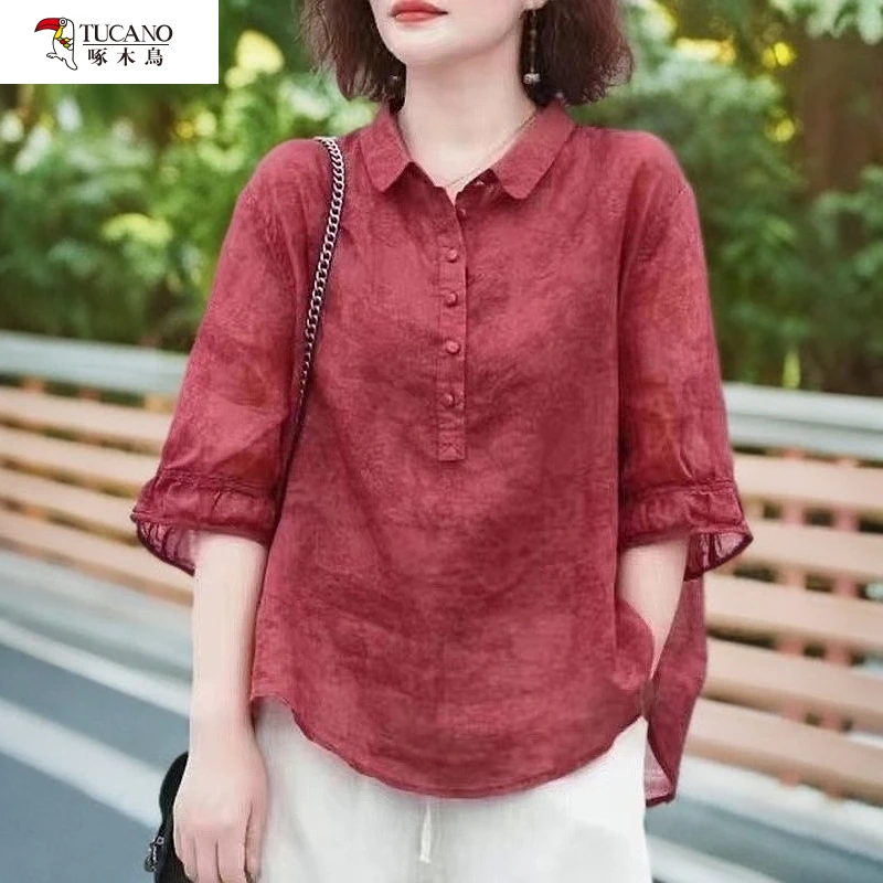 啄木鸟时尚夏款提花翻领衬衫洋气复古女士中袖衬衣显瘦遮肉薄款上