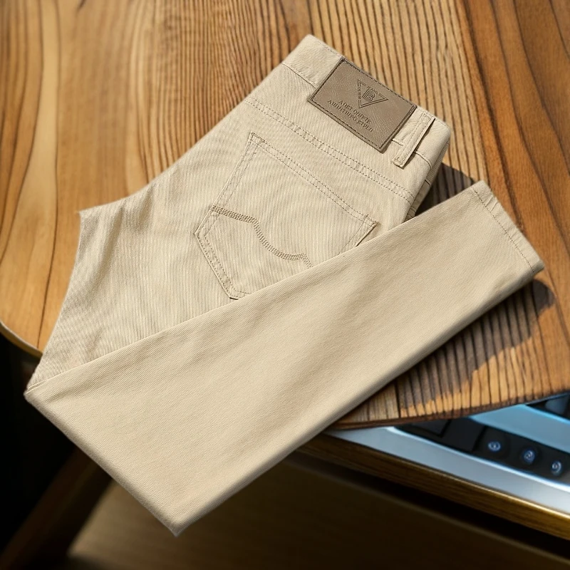 维斯克纳夏季薄款浅杏色牛仔裤男弹力修身小直筒长裤男装休闲百搭