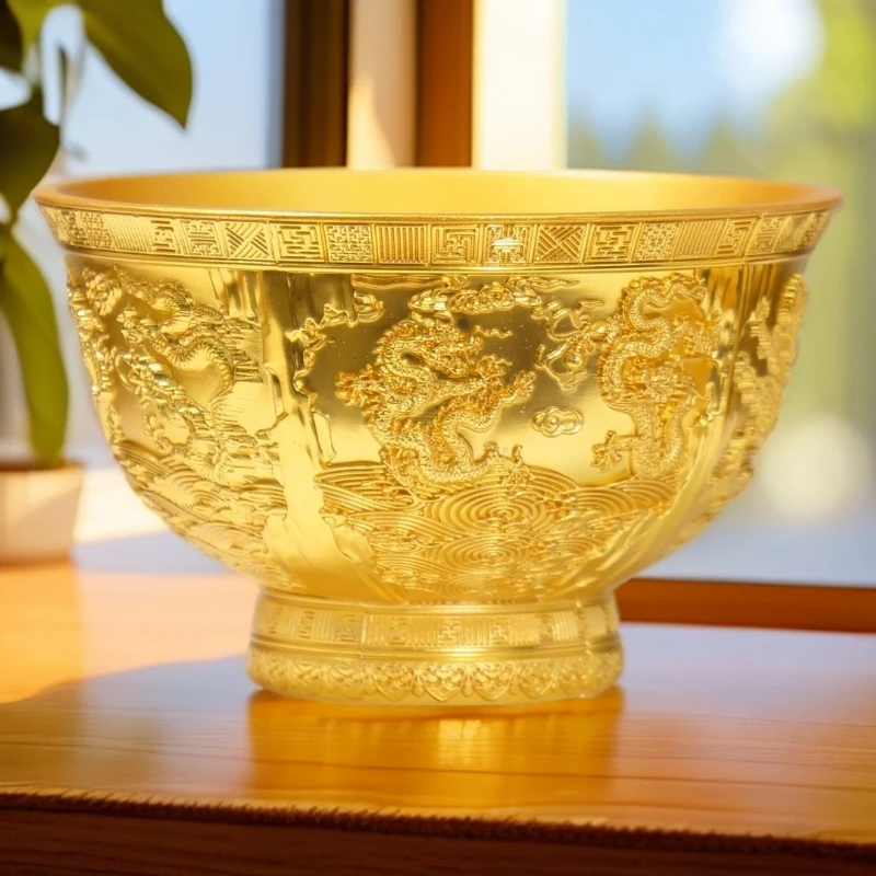 《国泰民安》吉祥文化金饭碗高档家用收藏龙纹中式鎏金摆件