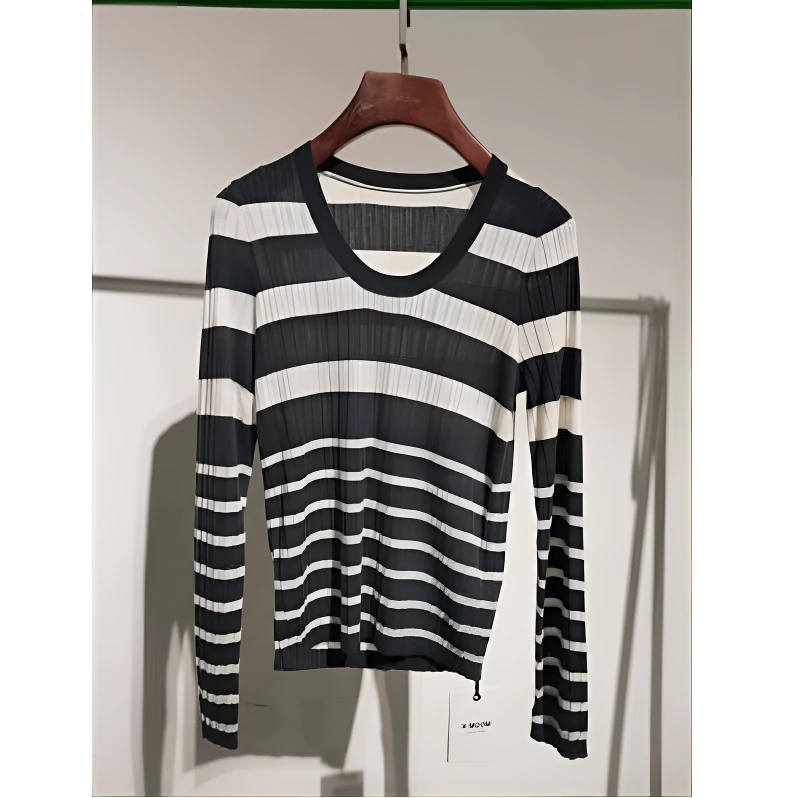 X-MOOM2024冬季女士新款鸡蛋领条纹打底毛衣ZWDAB81805