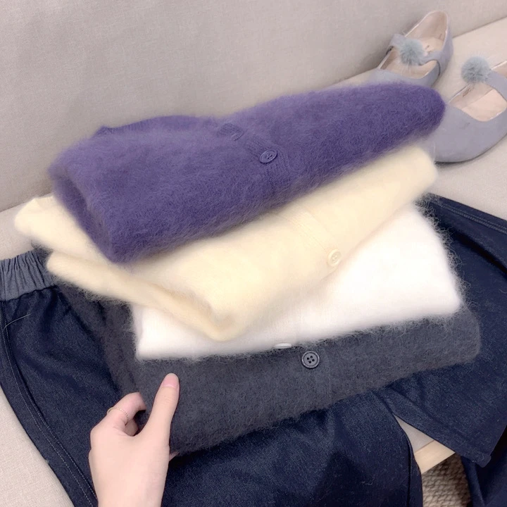秋冬新品【全毛拉绒开衫】圆领纯色无缝一体宽松长袖毛衣外套 9906