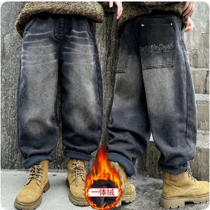2024冬季新款中大童韩版潮流百搭复古水洗加绒牛仔裤裤/KK6227