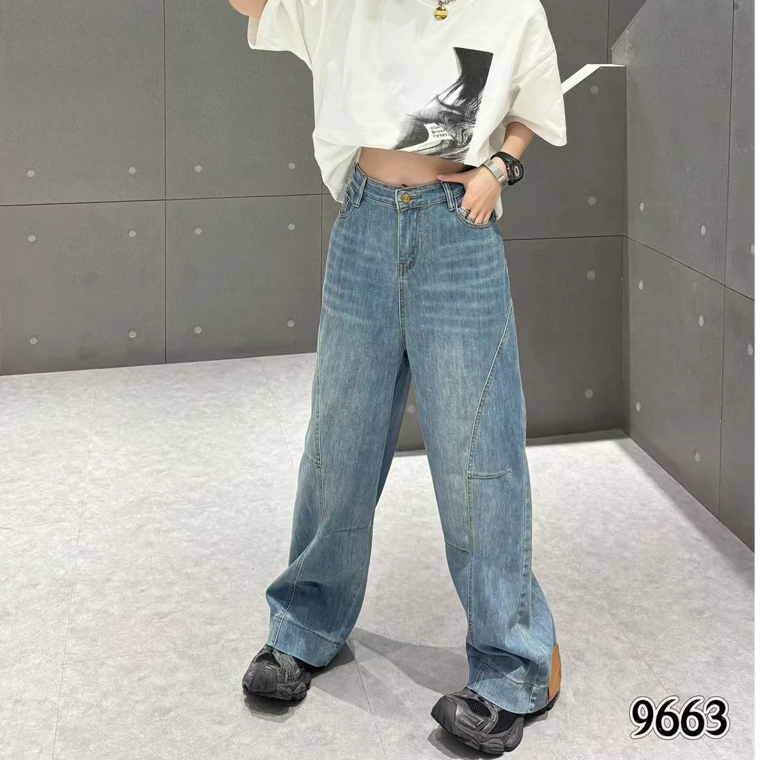 D9663 美式休闲半松紧腰修饰腿型拖地阔腿裤