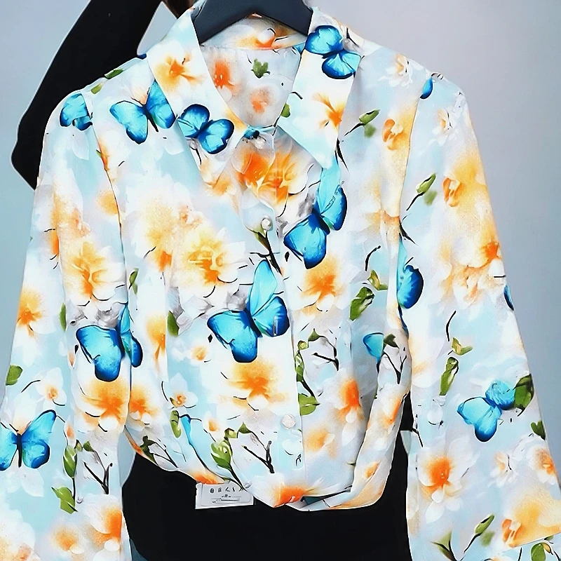 2025春夏新款花色中袖翻领衬衫时尚气质显瘦百搭衬衫领单排扣上衣