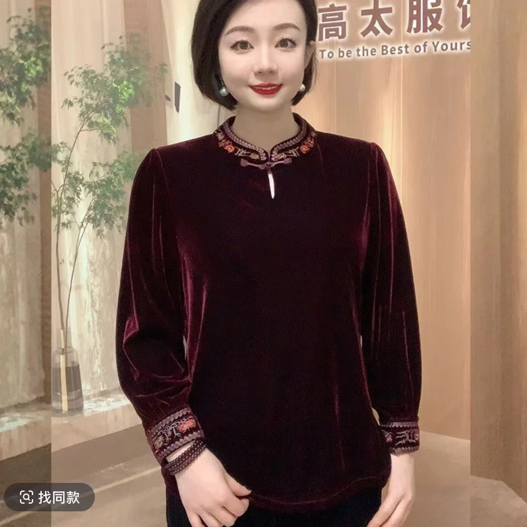 气质立领刺绣改良金丝绒妈妈春秋装复古国风长袖打底上衣大码T恤
