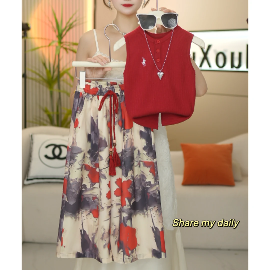 【果妈家】女童2025夏季新款洋气背心+碎花直筒裤两件套-6215