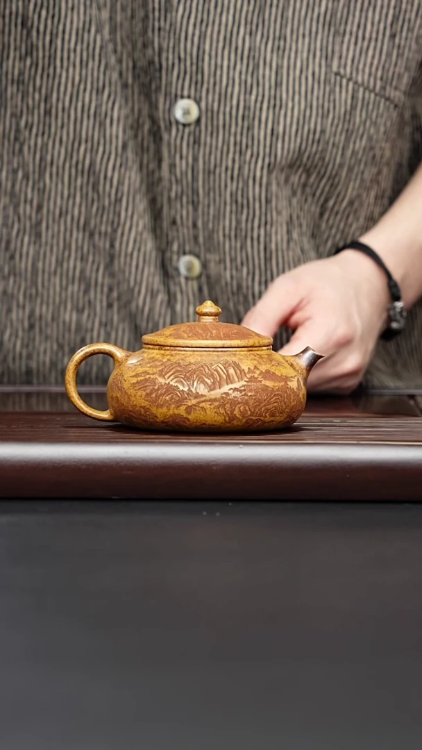 茶壶紫砂宜兴紫砂 山水牡丹寒江 龙骨金砂 曹营营