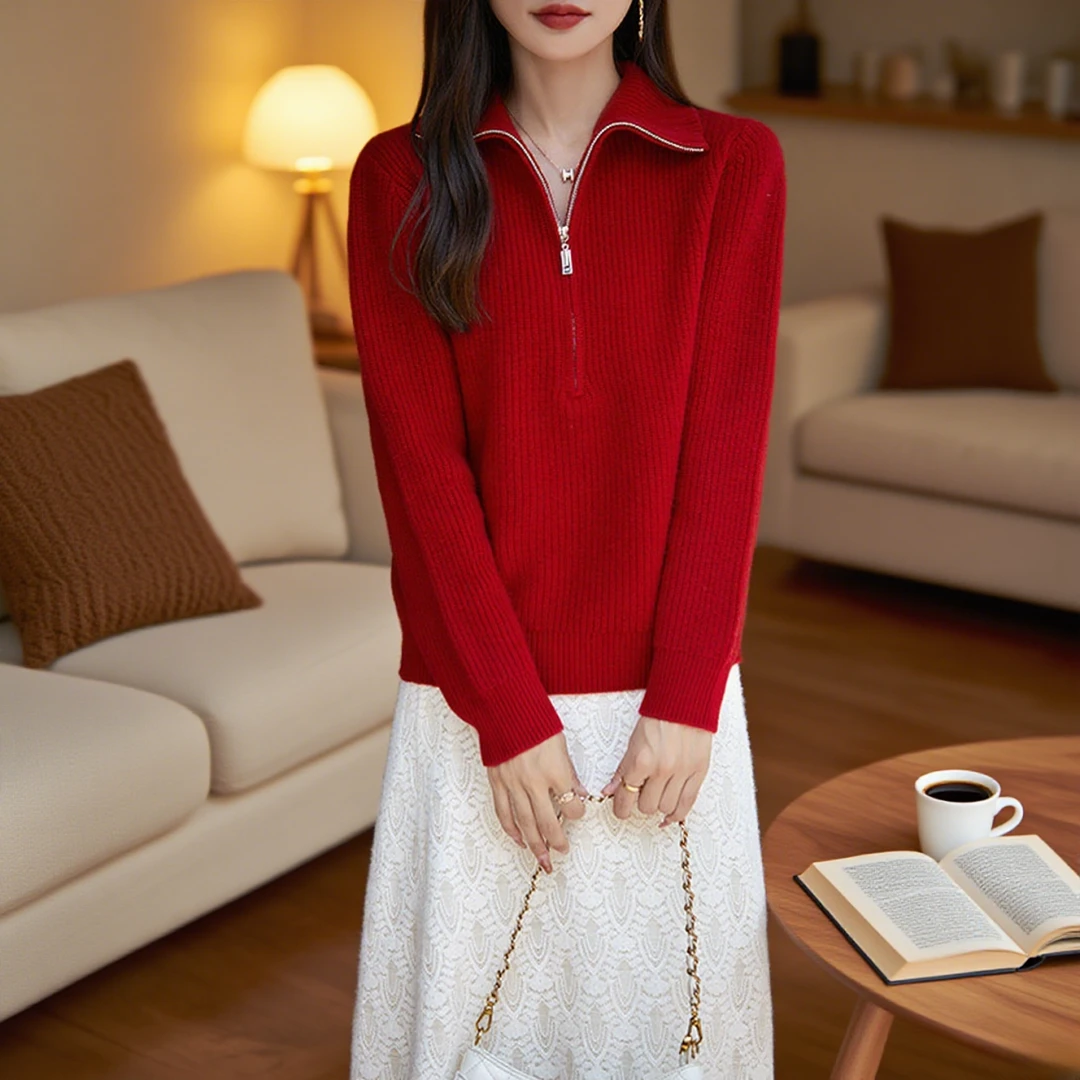 专柜同款早秋翻领羊毛针织女时尚半拉链套头毛衣内搭打底衫上衣
