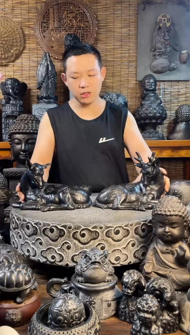 石材30梅花鹿一对天然青石雕刻