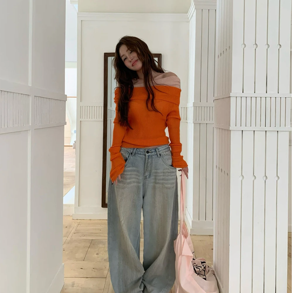 韩系穿搭高级感针织衫女早秋季2025新款慵懒风设计感一字肩上衣潮