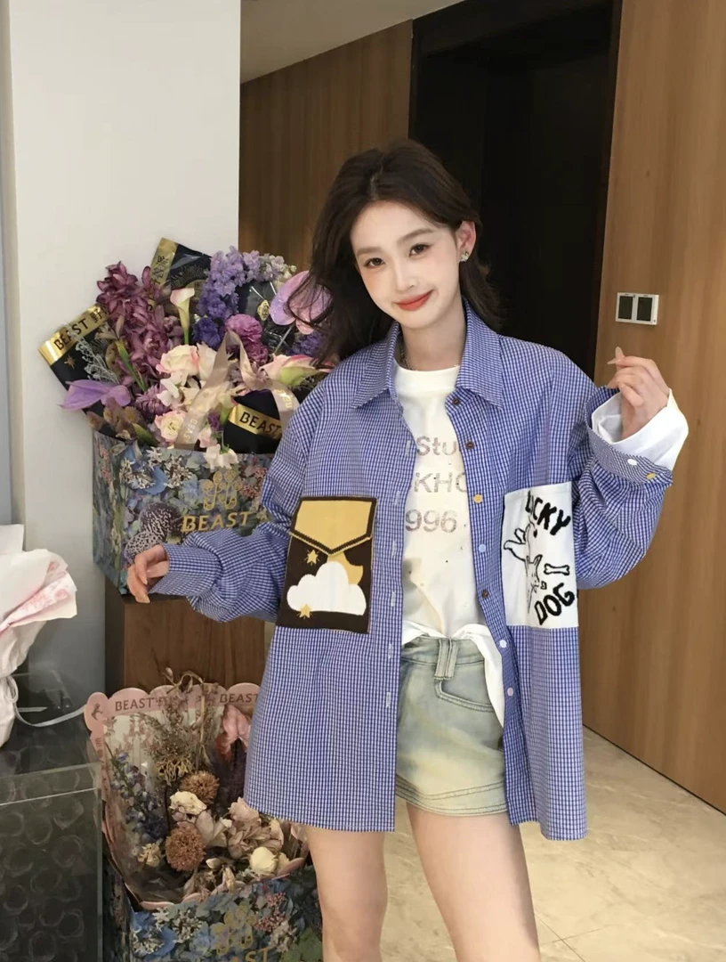 SSYDFER【捣蛋女孩】衬衫长袖蓝色时尚百搭春季宽松潮流印花水洗