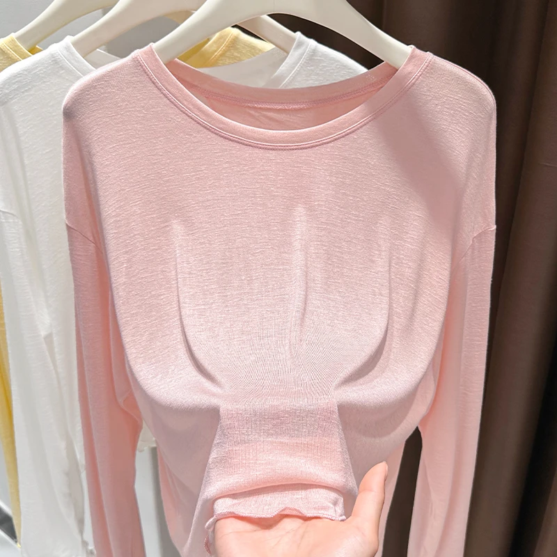 粉色圆领套头长袖防晒T恤女夏季薄款后背开叉宽松透气打底衫上衣
