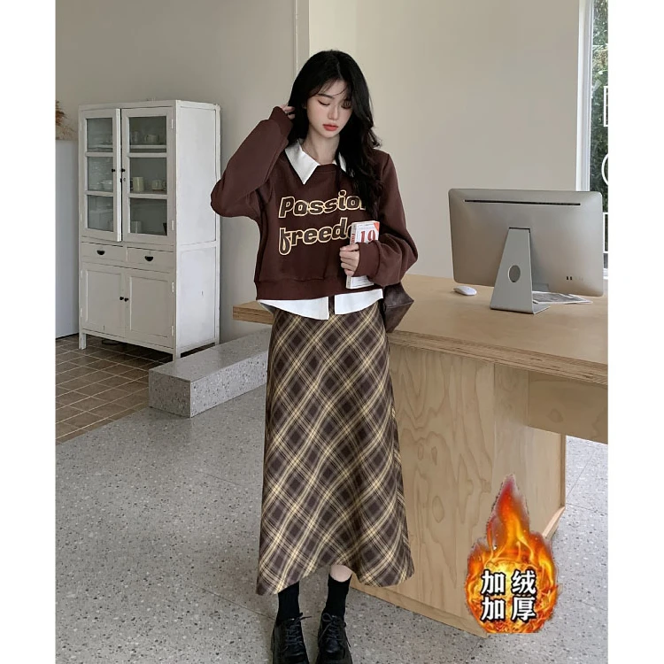 【清仓】字母印花长袖卫衣秋季新款复古格子半身裙两件套装女1635