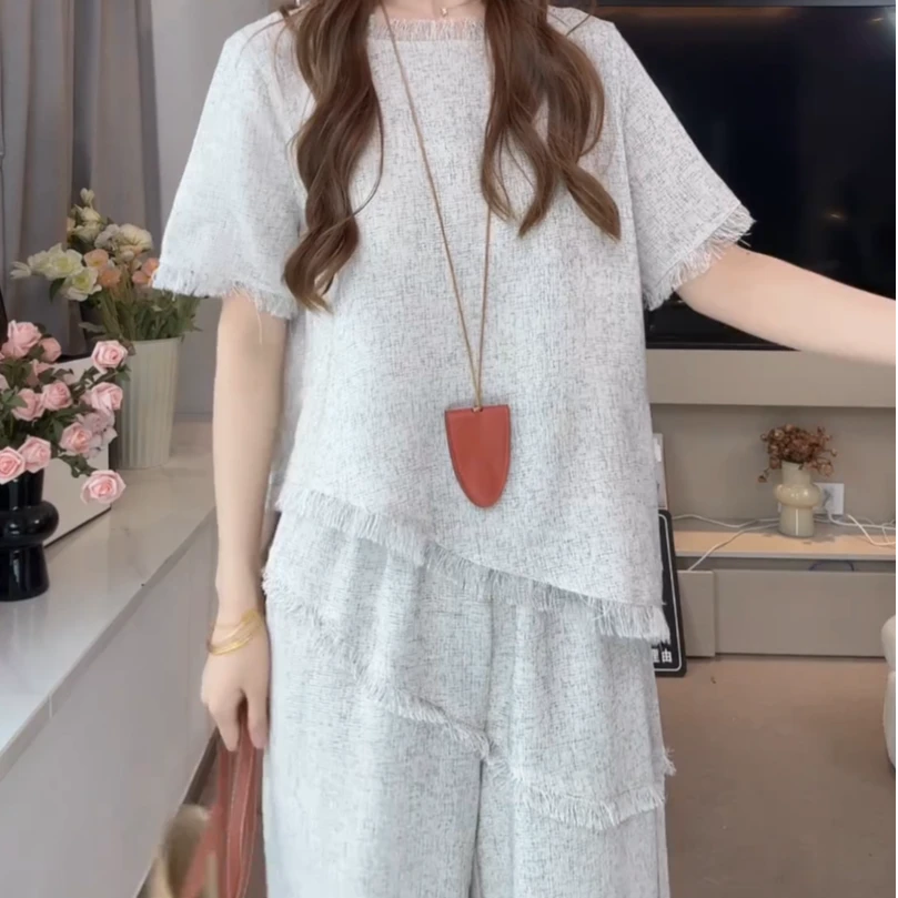 流苏上衣两件套2025夏季新款时尚休闲阔腿裤两件套