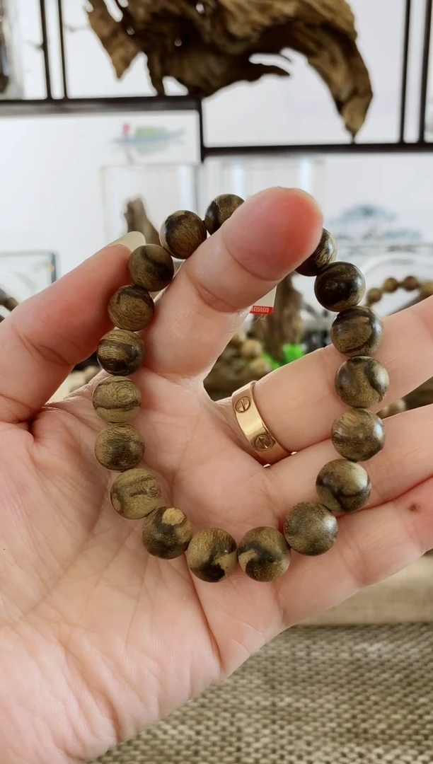 沉香手串正区金边水墨纹老料11+MM单圈