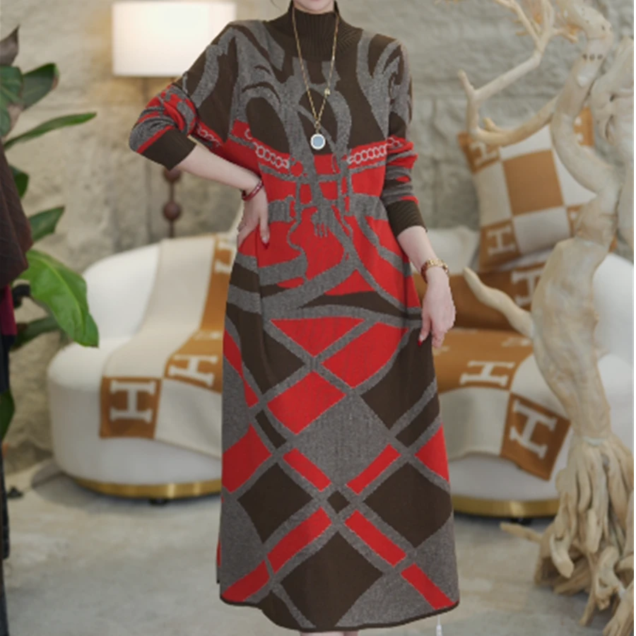 春夏新款重磅【香艳夺目】宽松保暖季洋气减龄圆领毛衣连衣裙-1052#