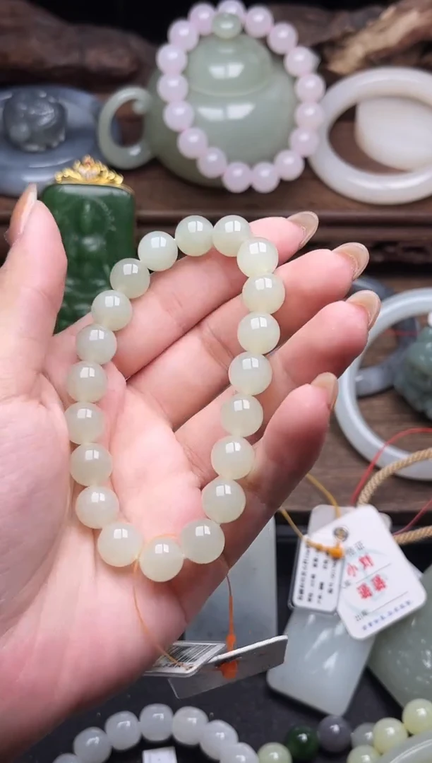 未镶嵌手串和田玉卡10 且末青白圆珠9009343