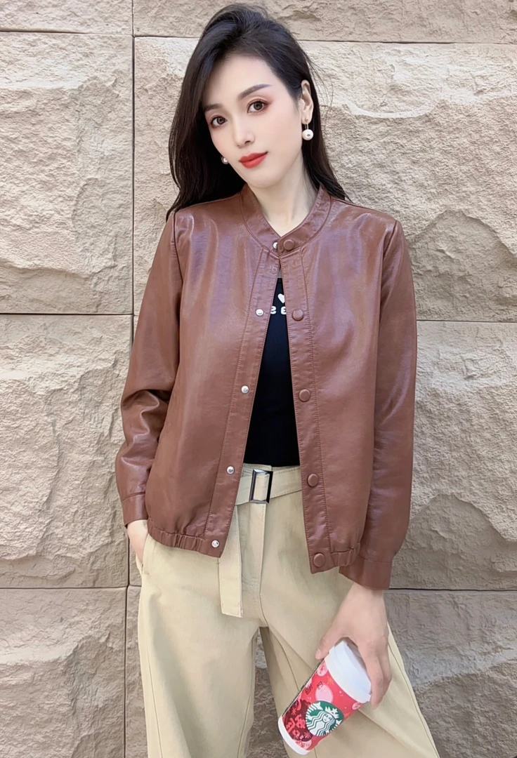 海宁正品2025秋冬新款立领时尚休闲小个子皮衣外套女