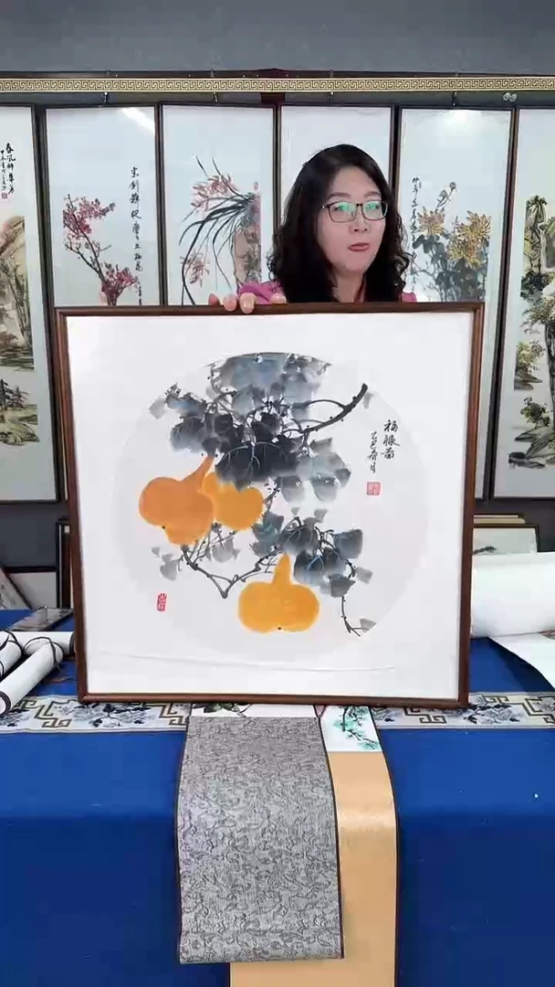 国画福禄吉祥 实木画框60*60