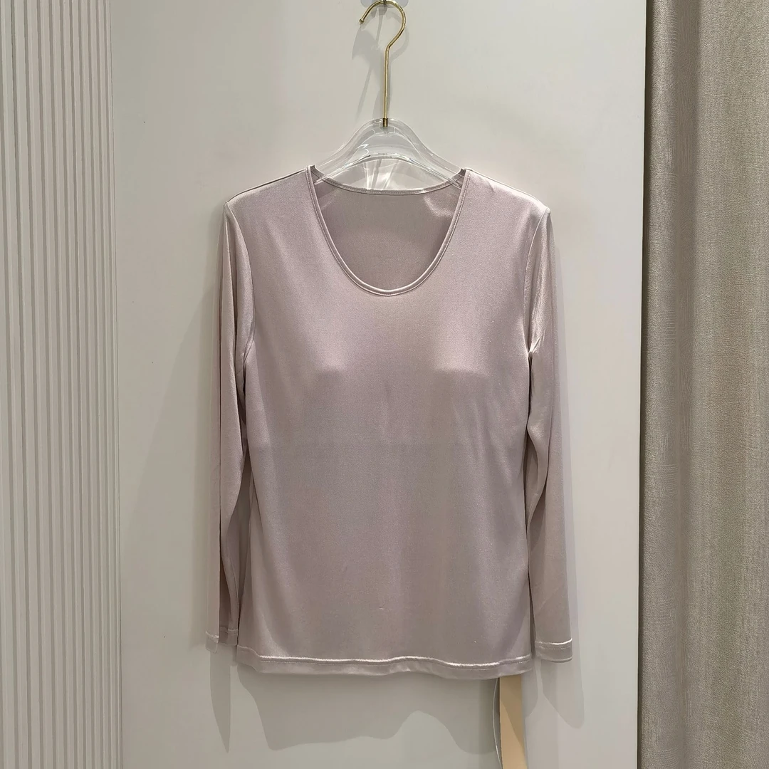 桑蚕丝长袖T恤女真丝圆领带胸垫纯色针织打底内搭上衣